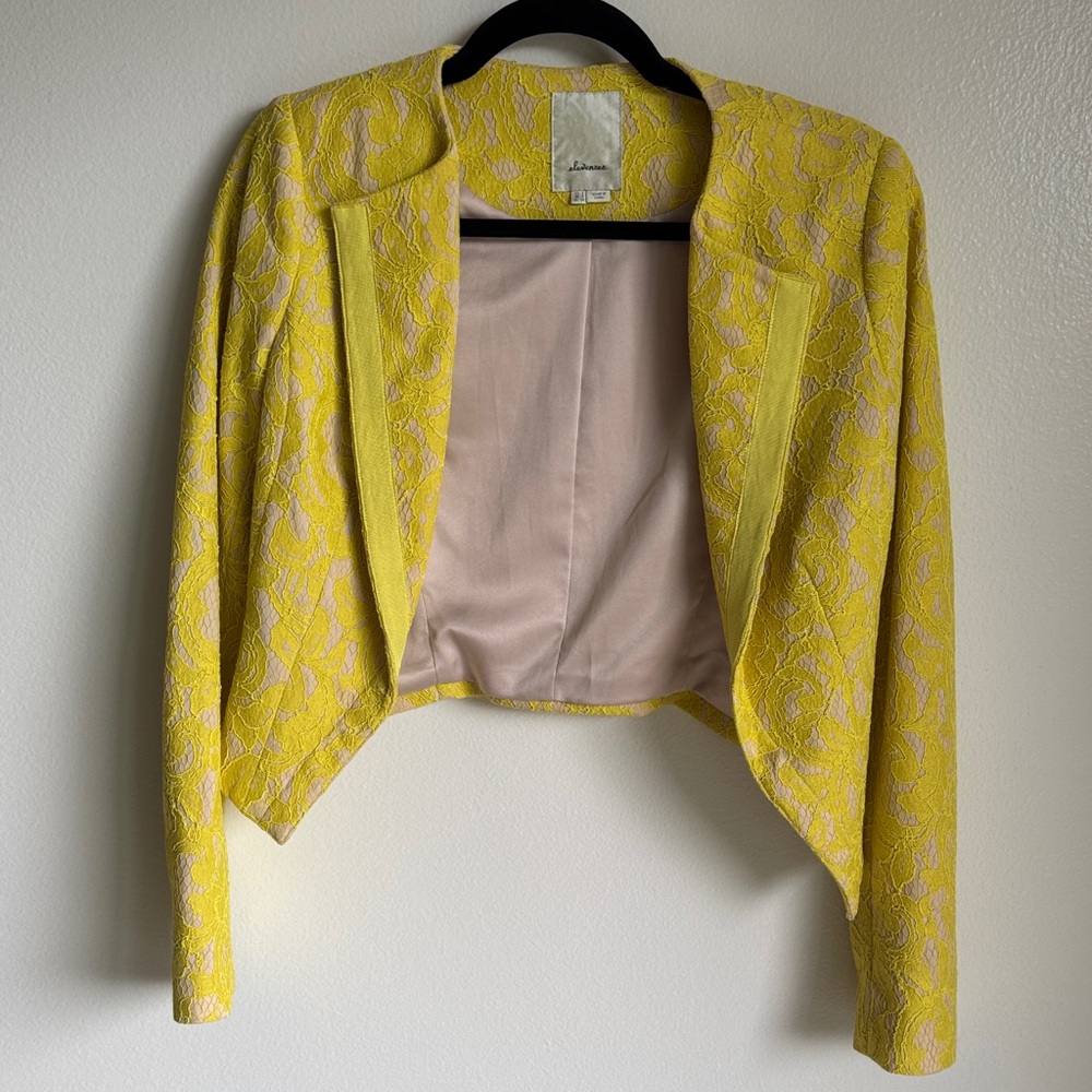 Anthropologie Elevenses Bright Yellow Lace Cropped Blazer Jacket, Size 2